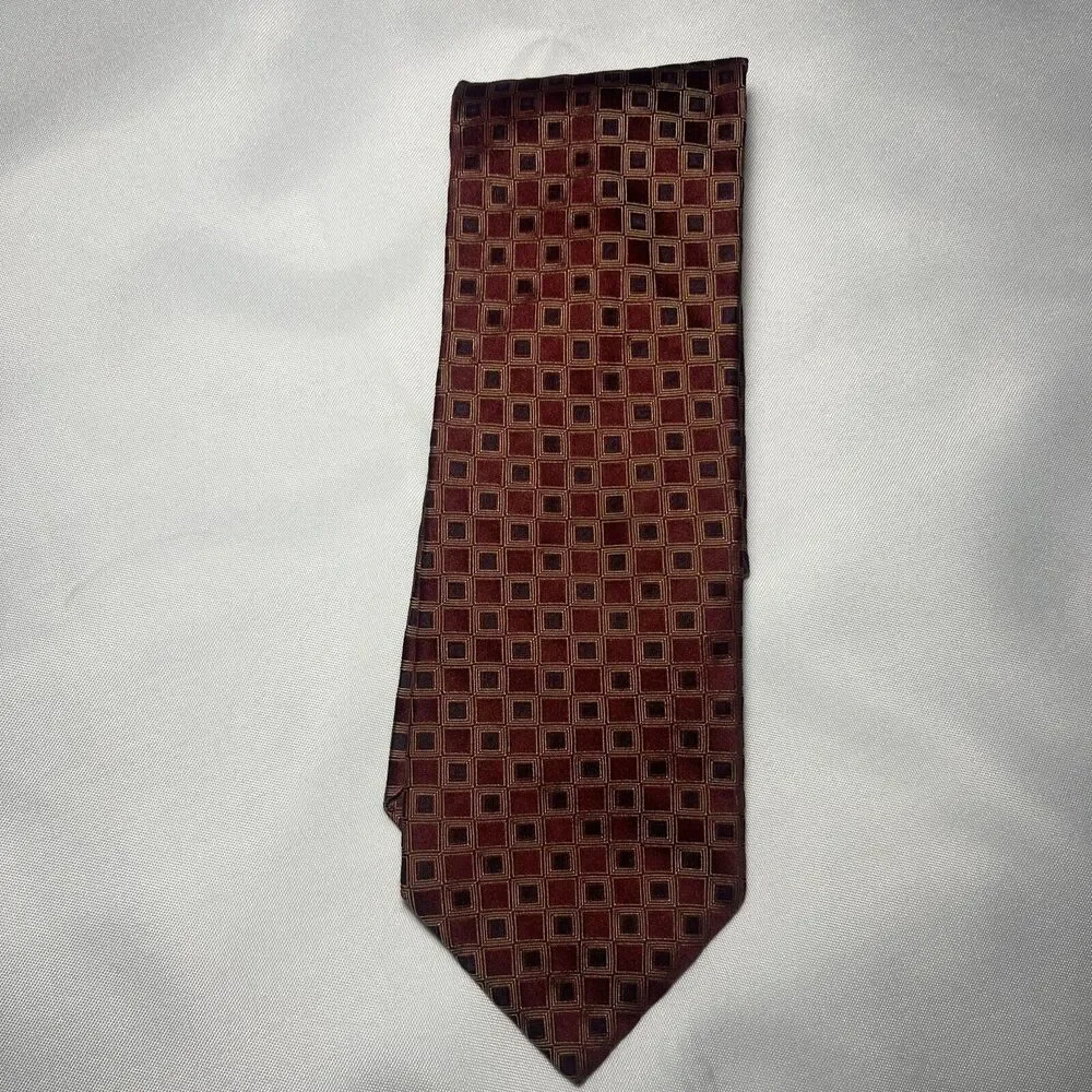 IKE BEHAR Mens Tie Red Gold 100% Silk USA Designer Geometric 60
